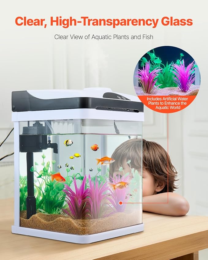 VEVOR Fish Tank Aquarium, 2 Gallon LED Square Ultra-Clear Glass Tank Temperature Monitoring Adjustable 7 Color Lighting, Self Cleaning System Fishbowl for Freshwater & Saltwater Fish Home,Office,Pet