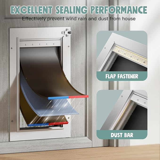 Dog Door for Door All Aluminum 3 Flaps White, Large Dog Doggy Doggie Door, Heavy Duty Pet Door for Dogs, with Insulation Flap and Lockable Closing Panel, Durable Rust Resistant, for Pets Up to 110lbs