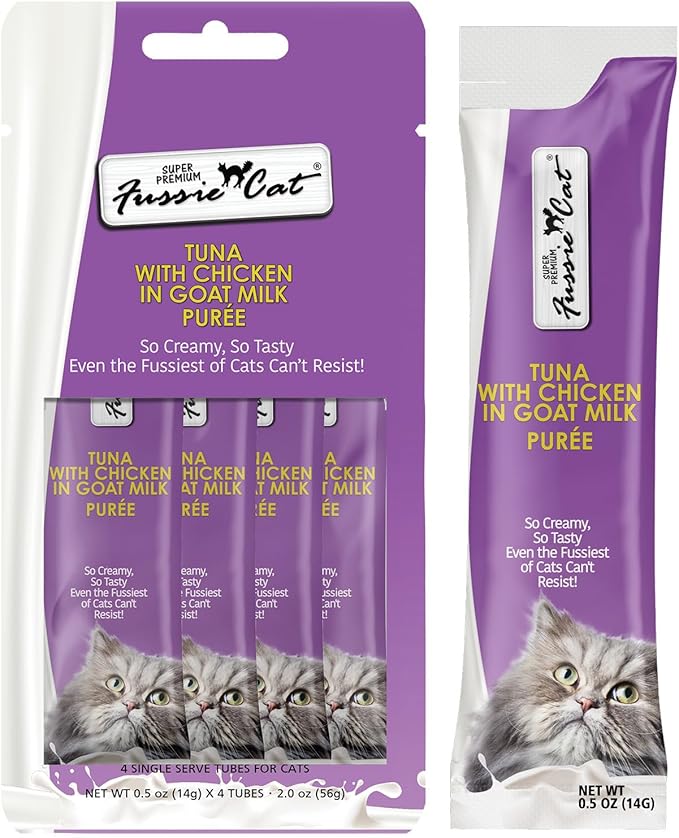 Fussie Cat Premium Tuna with Chicken in Goat Milk Puree, lickable cat Treats, 0.5oz Pouch Pack of 4