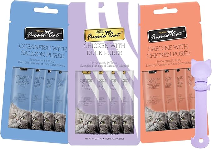Fussie Cat Premium Puree Lickable Cat Treats in Chicken Puree, Lickable Treats, 3 Packs of 4-0.5oz Tubes,(12 Total Tubes) Variety Flavor Pack of 3 Flavors. Oceanfish, Sardine, Chicken + Lid