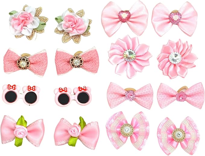 Pink Dog Hair Bows with Rhinestones and Pearls, 16 Pieces, Decorative Pet Accessories