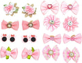 Pink Dog Hair Bows with Rhinestones and Pearls, 16 Pieces, Decorative Pet Accessories