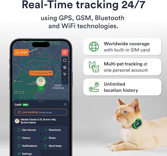Set of 2 Cat GPS Tracker - Smallest Waterproof Pet Tracking Device with App, Real-Time Location, Smart Alerts & Geo-Fence, Long-Life Battery, Collar-Compatible – iOS & Android (Subscription Required)