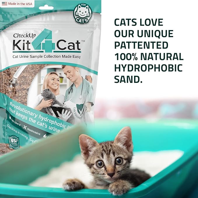 KIT4CAT 2lb Hydrophobic Cat Litter for Urine Sample Collection, Uniquely Made with Natural Sand - Keeps Liquid Clean and On Top | CheckUp on Your Cat's Wellness at Home (3 x 11oz Bags)