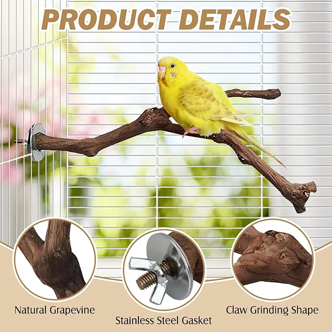 PINVNBY Natural Parrot Perch Grape Wood Bird Stand Pole Parakeet Paw Grinding Fork Chewable Climbing Branches Toy Bird Cage Accessories for Budgies Conures Cockatiels Lovebirds (2 PCS, 5.9IN)