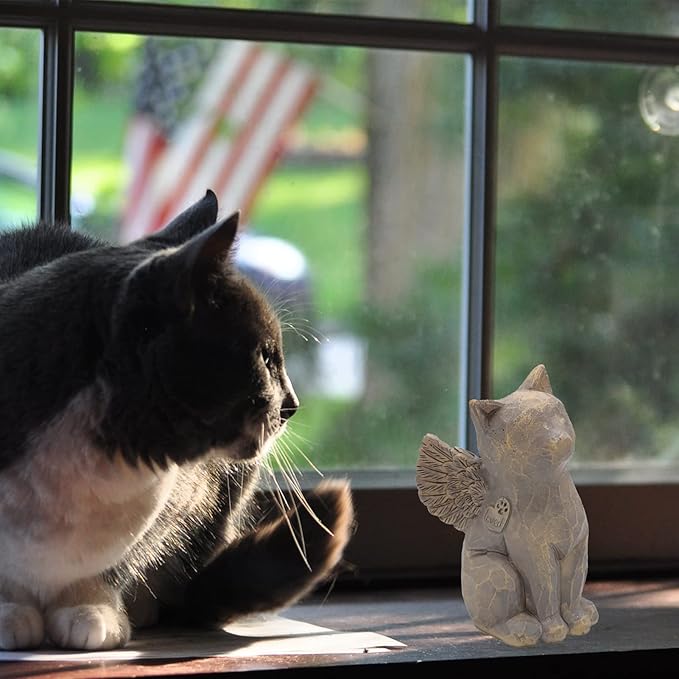Cat Angel Memorial Figurine, Gray, Resin Sculpture for Cat Lovers, Pet Loss Gift, Hand-Painted