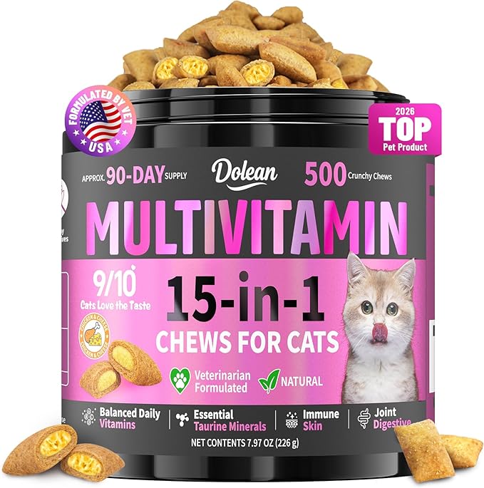Taurine for Cats Vitamins Treats, 15 in 1 Cat Multivitamin Support Skin, Joint, Digestion & Immune Supplement, 500 Crunchy & Creamy Chews with Essential Vitamins for Cats of All Ages (90-Day Supply)