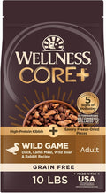 Wellness CORE+ Adult Dry Dog Food with Freeze Dried Pieces, Grain Free Kibble+, Natural, High Protein, Wild Game Duck, Lamb, Boar, and Rabbit Recipe, 10 lb Bag