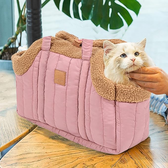 Winter Fleece Warm Dog Tote Bag, 2024 New Small Dog Carrier Purse, Waterproof Pet Travel Handbag, Carrier Purse with Secure Harness Clip for Shopping, Hiking and Walking (Black)