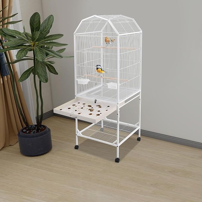 Bird Cage, Open Top and Rolling Stand Medium Small Bird Cage, Bird Cages with Universal Wheels for Parrots, Budgerigars, Parakeets, Cockatiels, Lovebirds, 18 x 18 x 53.9 Inch (White)