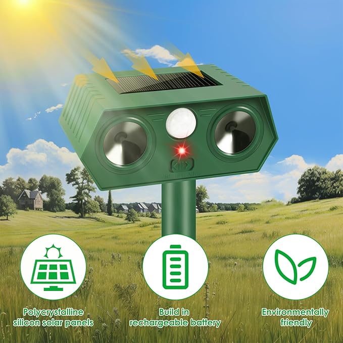 Solar Ultrasonic Animal Repeller Outdoor Cat Deer Repellent Devices, Animal Deterrent Control for Rabbit Raccoon Dog Squirrel Coyote Skunk Repellent for Yard Garden Farm,4 Pack ﻿