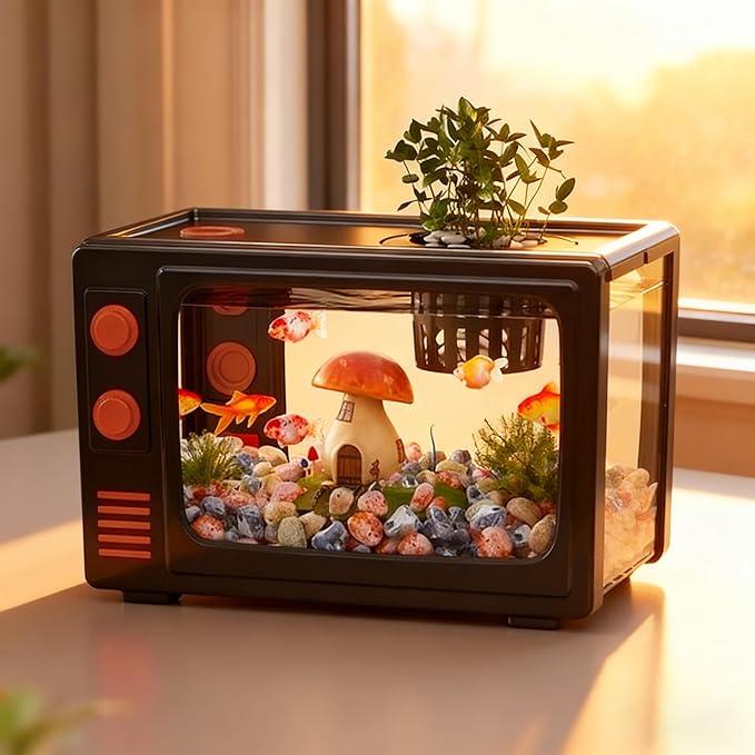 3 Gallon Fish Tank Aquarium Kit with LED Lights, Filter & Plant Planter - Retro TV Shaped Design Desktop Water Garden for Betta/Goldfish (Black - 3 Gallon)