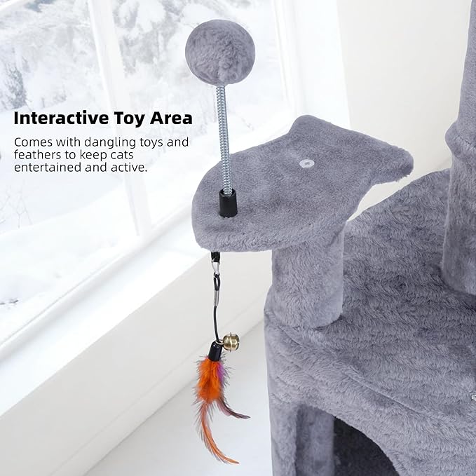 Cat Tree with Cat Condo and Hammock for Indoor Cats, Cat Tree with Self-Grooming Brush and Toy Balls,Cat Tower with Scratching Posts,Grey