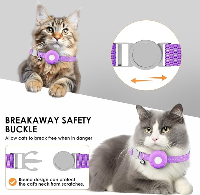 GPS Tracker for Cats, Cat GPS Tracker Compatible with Apple Find My App (Only iOS), No Monthly Fee Cat Tracker, Waterproof (White Tracker, Purple Cat Collar)