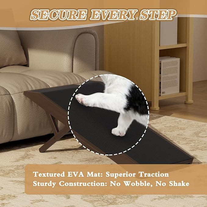 Dog Ramp for Couch - 4-Level Adjustable (8.6"-20.9") & Wider Foldable Pet Ramp for Small Dogs, Non-Slip EVA Mat with Glow Strips, Solid Birchwood Supports 200Lbs
