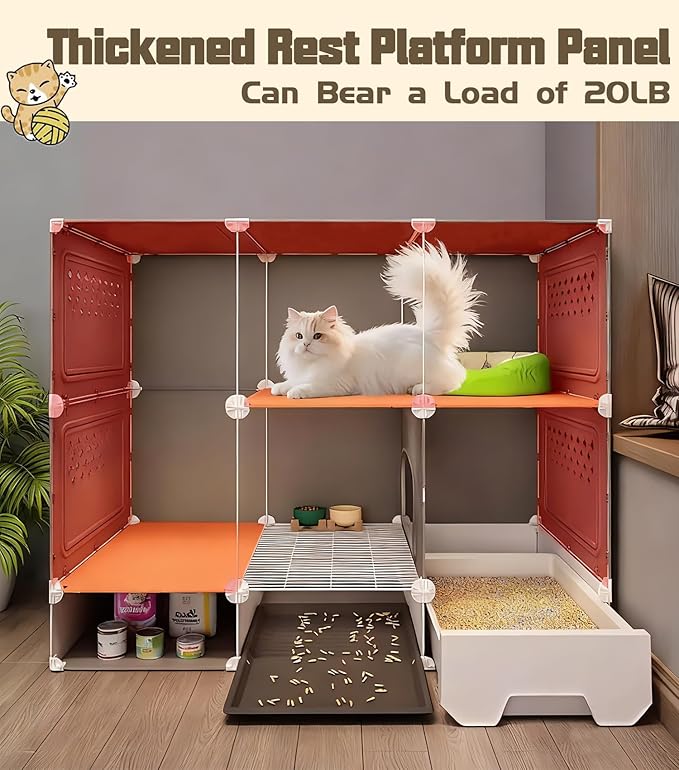Cat Cage Cat Enclosure with Litter Box & Clear Sliding Door, Expandable Cat Playpen, Detachable Metal, Cat Cage Indoor and Outdoor, Ferret Cage, Rabbit Cage (Two Layers with Storage Space)