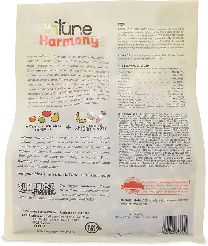 Higgins 2 Pack of Intune Harmony Food for Conures, Cockatiels, Lovebirds and Parrotlets, 2 Pounds Each