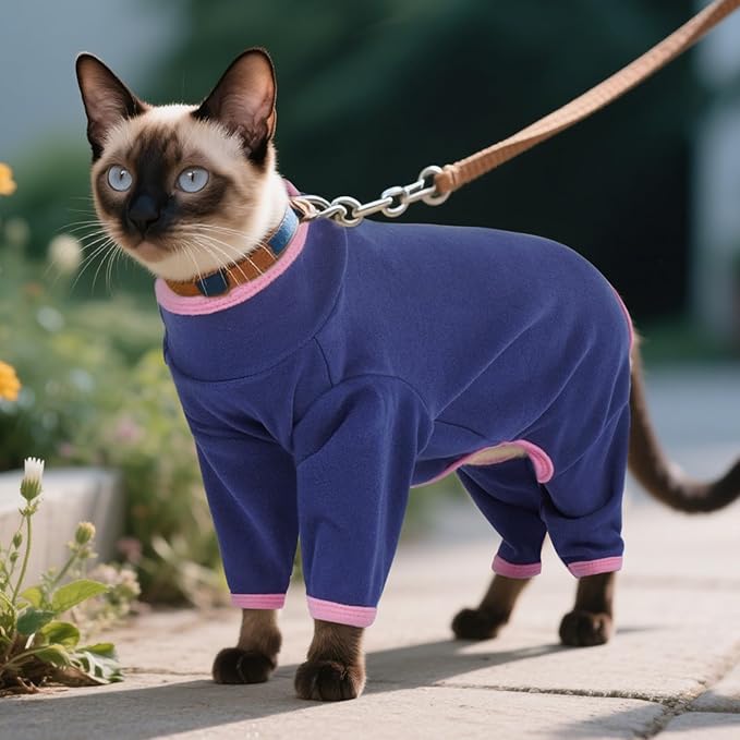 DENTRUN Cat Clothes for Hair Control with Hair Sticky Fabric - Soft Recovery Suit & Breathable Lint-Resistant Cat Sweater for Cats Only, Kitten Onesie Pajamas, XS, Blue