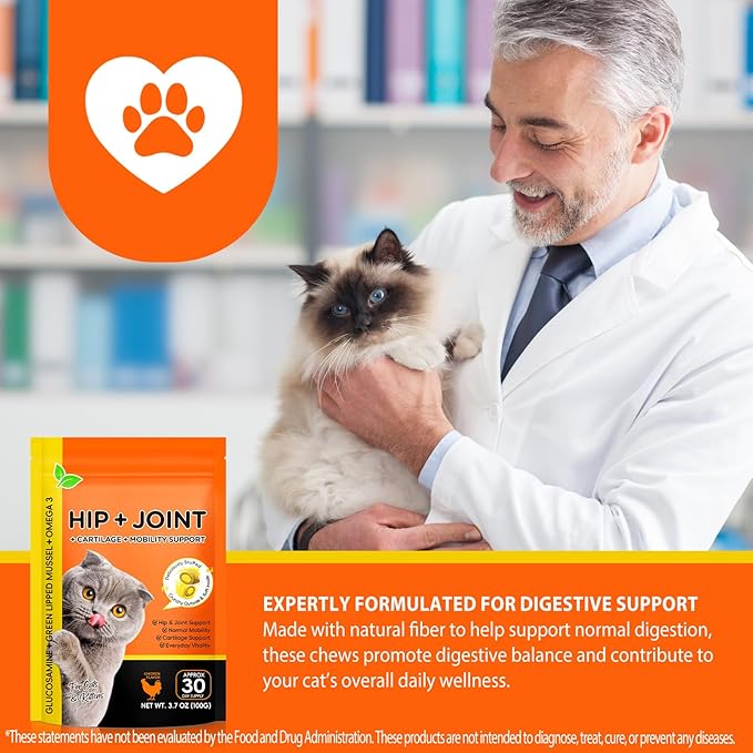 Hip & Joint Bites for Cats - Cat Joint Supplement,Chicken Flavored Glucosamine Joint Supplement for Cats - Cat Joint Supplement for HIPS & Joints, Cat Arthritis Pain Relief, with Green Lipped Mussel