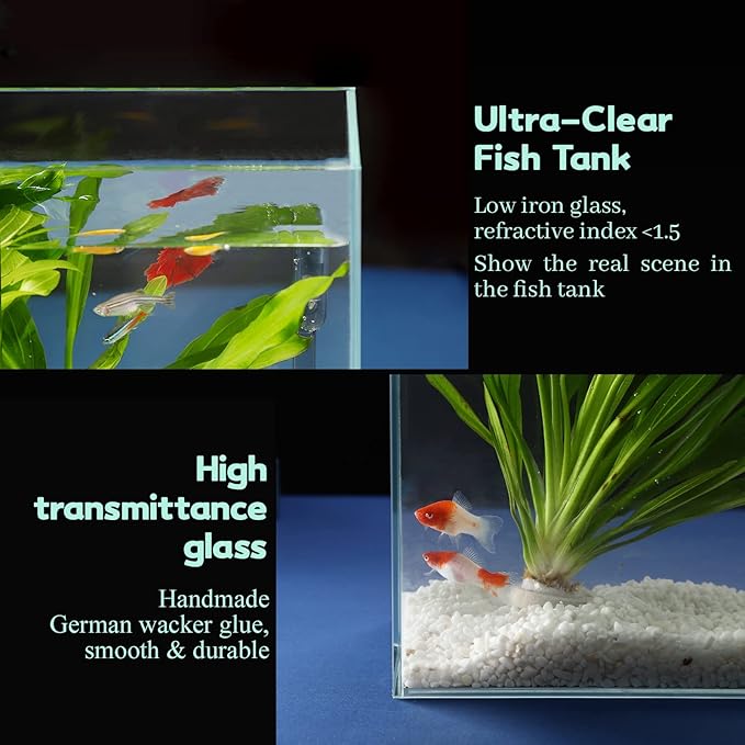 3 Gallon Ultra Clear Glass Fish Tank, Rimless Low Iron Aquarium for Betta/Nano/Goldfish/Snail/Shrimp, Small Fish Tank with Fish Net & Cleaning Tools