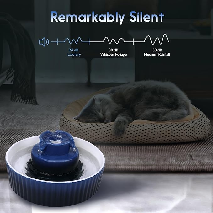 Ceramic Cat Water Fountain, 2.1L/71oz Cat Fountain with 3 Carbon Filters and 2 Water Pumps, Cupcake Pet Water Fountain for Cats and Dogs (Dark Blue)