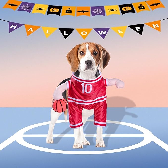 DELIFUR Dog Basketball Player Costume - Pet Halloween Costume Adjustable Funny Dress Up Sports Outfit Cosplay Clothes for Small Medium Dog (Red Basketball, Small)