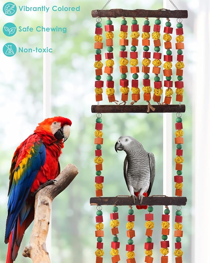 43" Extra Large Bird Parrot Toys, Multicolored Wooden Blocks Chewing Toy with Rattan Balls and Perches for Eclectus, African Greys, Cokatoos, Amazon Parrots