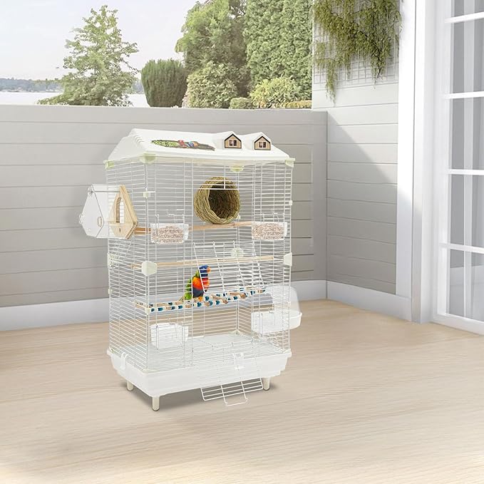2 Tier Iron Bird Cage, Pigeons Parrot Birdcage, 30Inch Parakeet Cage with Water/Food Boxes, Freestanding Dual Door Birdcage for Various Bird Species