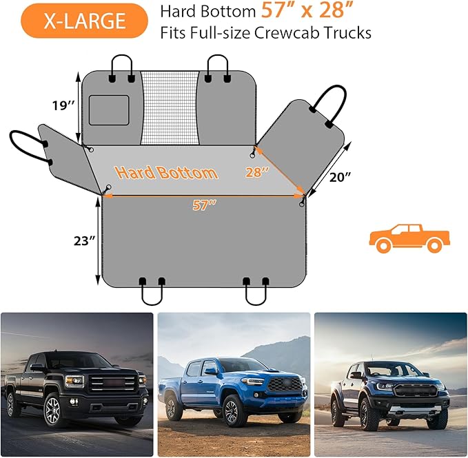 URPOWER XL Dog Backseat Extender for Full-Size Crew Cab Truck - Hard Bottom Dog Car Seat Cover with 1PC Leak-Proof Pee Pad, Waterproof Dog Hammock Pet Rear Seat Protector for F150 / Silverado