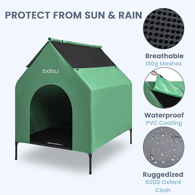 Outdoor Dog House – Weatherproof Elevated Pet Shelter, Breathable Mesh & Steel Frame, Easy to Assemble & Clean, Large Dog Houses for All Seasons (Green, Large)