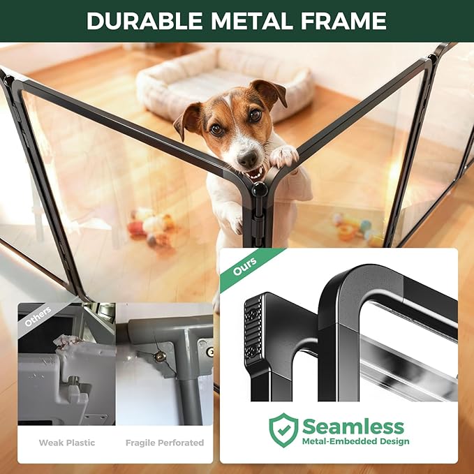 FXW AuraSpace Pro Metal & Acrylic Indoor Dog Playpen, All-Acrylic Clear Heavy-Duty Design, 24" Height 8 Panels for Puppies & Small Dogs, Black│Patented