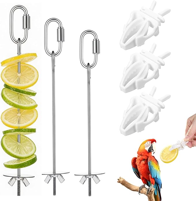 6 PCS Bird Treats Skewer, Parakeet Hanging Food Holder, Bird Cage Food Holders, Stainless Steel Fruit Vegetable Stick Holder for Hanging Birds Foraging Toys for Macaw Parakeet Budgie (3 Sizes)