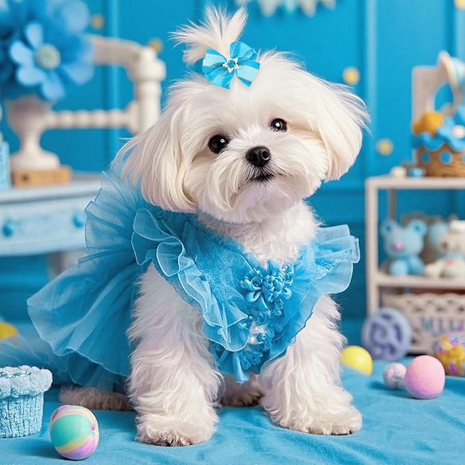 20 PCS Cute Dog Hair Bows with Rubber Bands Elastic Handmade Mix Style Lace Rhinestone Pearls for Furry Puppy Cat Pet Girl, Sky Blue