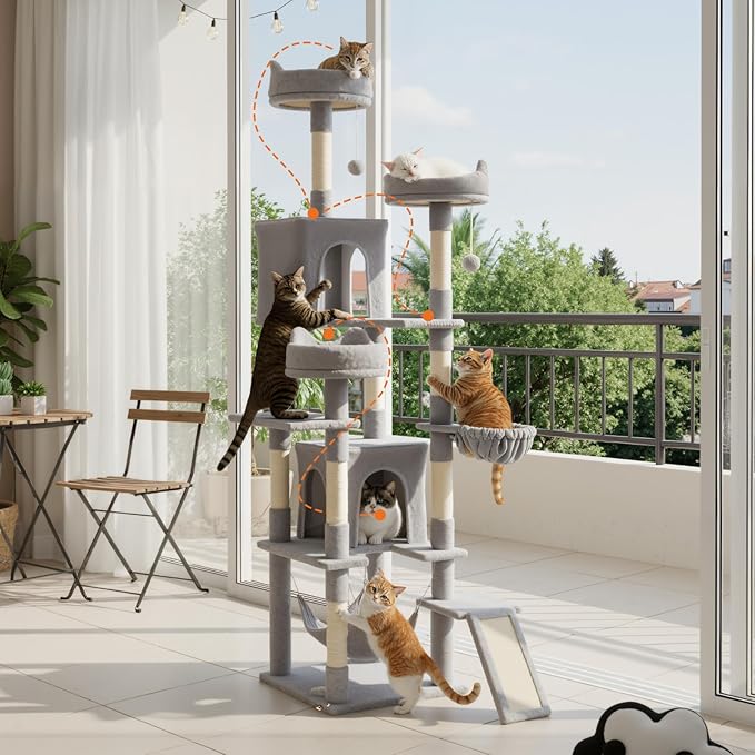 Sweetcrispy Cat Tree 75 Inch, Large Multi-Level Tall Cat Tree Tower with Condo, Perches, Sisal Scratching Posts Board and Hammock, Pet Play House with Dangling Balls for Indoor Cats, Light Grey