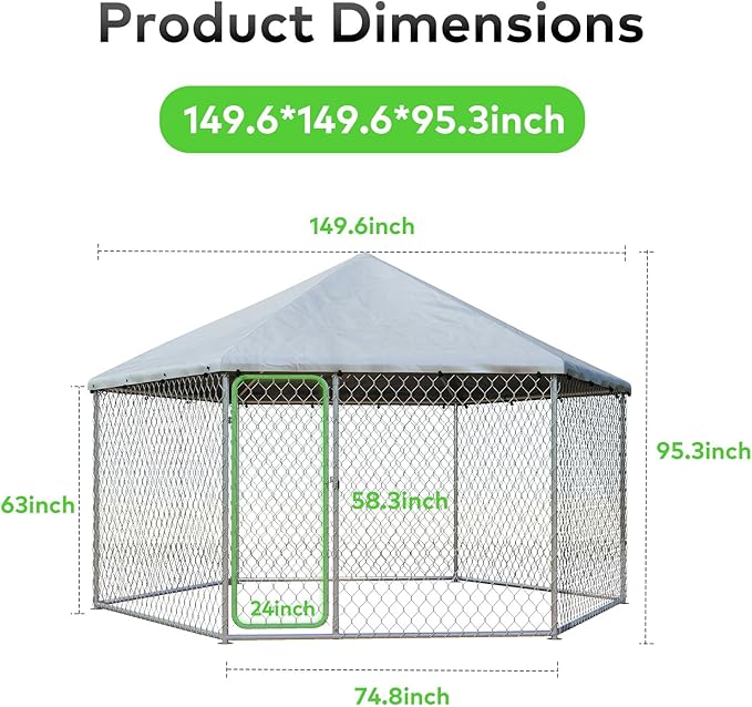 12.5x12.5 FT Large Outdoor Dog Kennel Outside with Heavy-Duty Steel Frame, Waterproof UV-Resistant Cover, Secure Lock, and Hexagonal Wire Fence