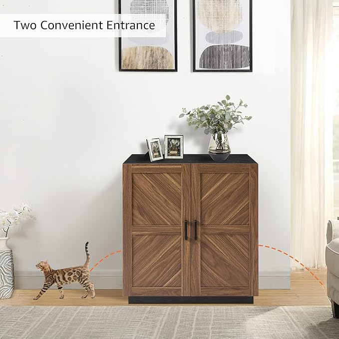 unipaws Cat Litter Box Enclosure Furniture with Storage Shelf, Tall Hidden Litter Box Cover for Tall or Top Entry Litter Box, Kitty Enclosed Cabinet, Cat Box with Odor Control, Walnut and Black
