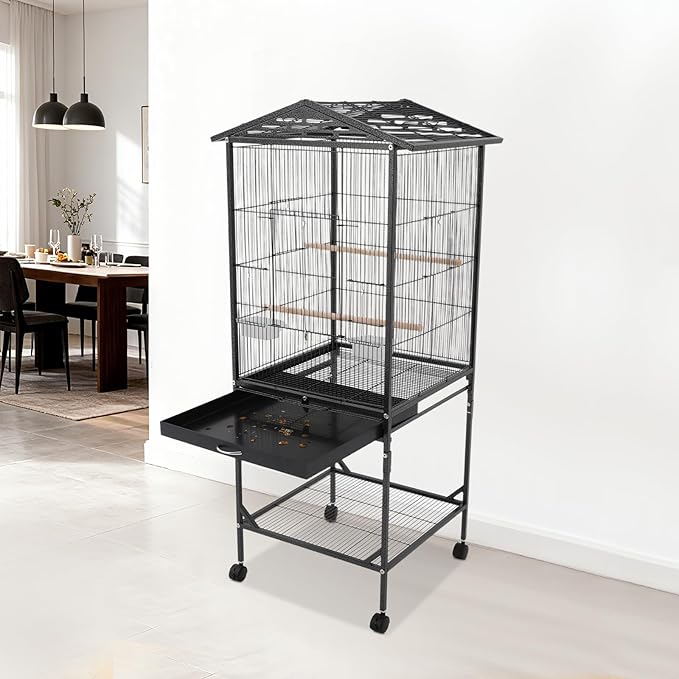 Large Heavy Duty Wrought Iron Bird Cage with Open Play Top Area & Rolling Stand, Spacious Flight Cage for Parrots, Parakeets, Cockatiels & Lovebirds (Black)