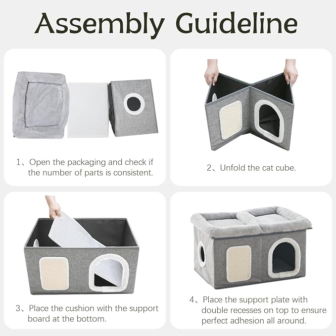 WINDRACING Cat Beds for Indoor Cats - Extra Wide Cats House for Pet and Foldable Kitten Cave Bed with Scratch Pad, Cat Hideaway Condo for Kitten, 23.4x15.9x13.2 inches, Light Grey