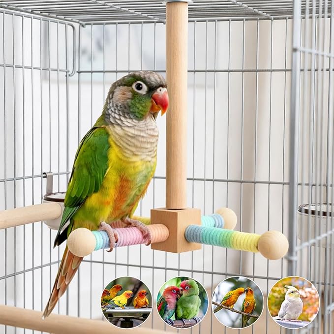 Spinning Bird Perch Toy, Interactive Wooden Exercise Stand with 4 Rotating Perches for Parakeets, Budgies, Cockatiels, Conures & Small Medium Parrots(Colorful,Size:/)