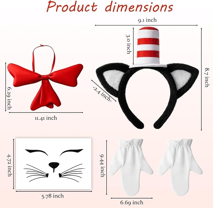 Cat Ears Headband and Bow Tie Set, Red and White Hat Cat Ears Hairband, Cat Hat Costume Accessories for Cosplay, Halloween, Theme Party, Includes Headband, Gloves, Bow Tie, Face Stickers