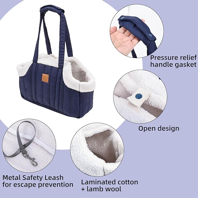 Winter Fleece Warm Dog Tote Bag, 2024 New Small Dog Carrier Purse, Waterproof Pet Travel Handbag, Carrier Purse with Secure Harness Clip for Shopping, Hiking and Walking (Black)