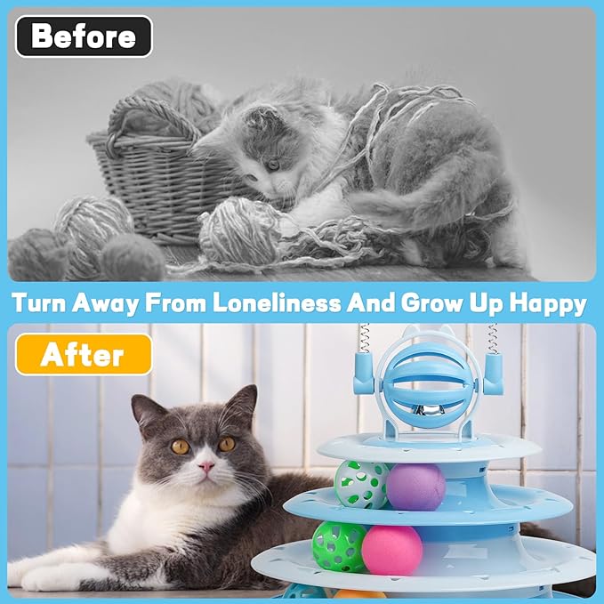 Cat Toy Interactive Pet Plaything for Indoor Kitten Interactive Kitty Puzzle Ball with 2 Cat-Tease (Blue)