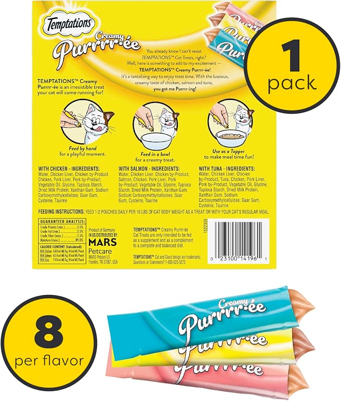 Temptations Creamy Puree Squeezable Lickable Cat Treats, Wet Cat Treats with Chicken, Salmon, and Tuna Variety Pack, 0.42 oz. Tubes, 24 Count