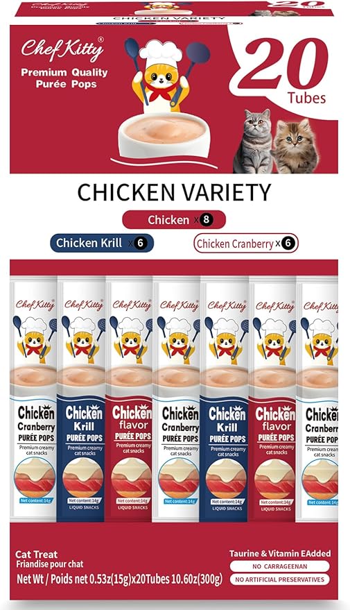 Cat Treats Lickable | Grain-Free Cat Food Toppers, High Protein | Creamy Puree Squeeze Ups with Vitamin E & Taurine, Digestible Formula | 0.5 oz. Each Tube, Chicken Mix Variety | 20 Tubes