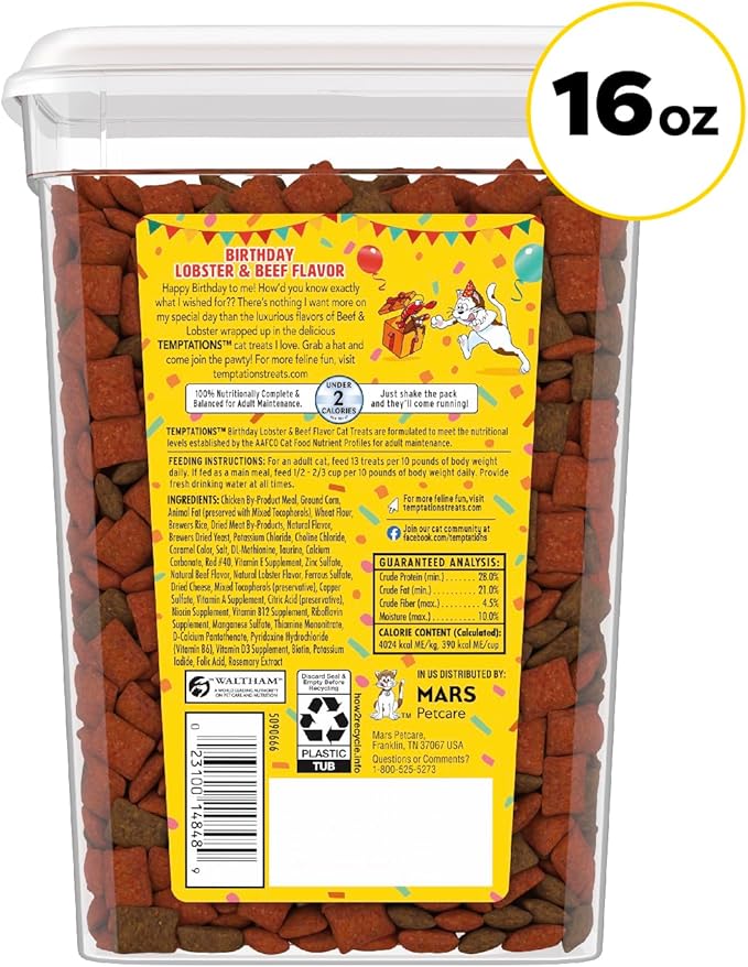Temptations Birthday Cat Treats, Crunchy and Soft Cat Treats, Lobster & Beef Flavor, 16 oz. Tub