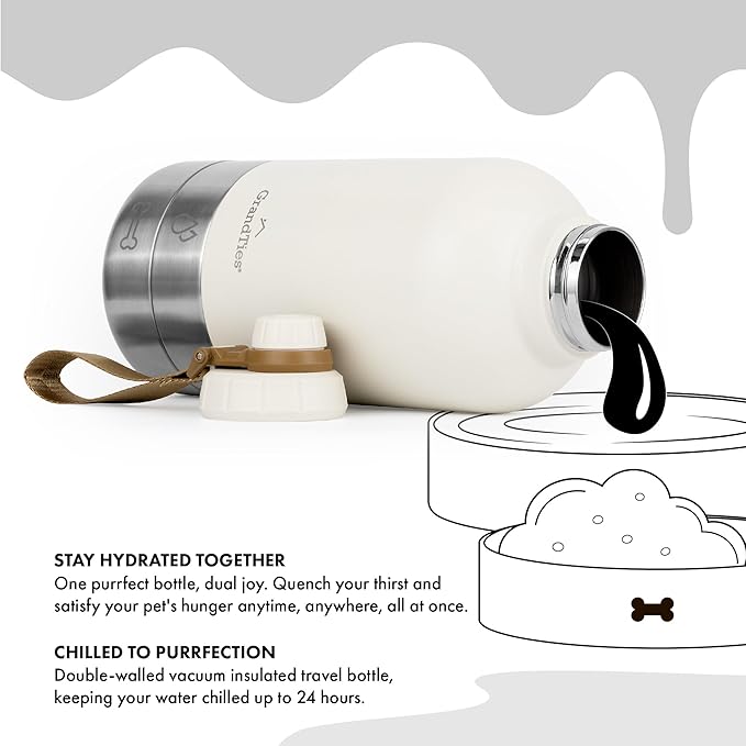 GrandTies Insulated Portable Water Bottle with 2 Detachable Dog Bowl Dispenser | Leak-Proof Food Travel Container | Walking, Hiking, Camping (64oz, Ivory White)