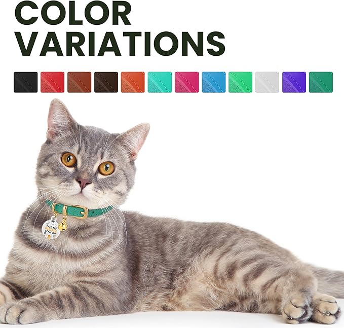 BRONZEDOG Leather Cat Collar with Removable Bells Non Breakaway Kitten QR Tag for Girl Boy (7" - 9" for Cats, Dark Brown & Gold)