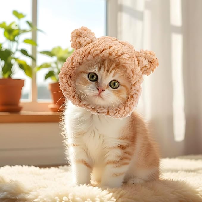 Cute Cat Costume Bear Hat, Adjustable Warm Winter Accessory Soft Plush Pet Headwear for Cats and Small Dogs, Soft Small Pet Headwear for Photoshoots and Parties