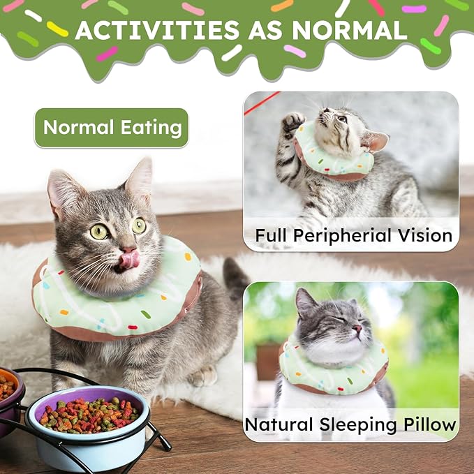 Cat Cone Collar Soft, Waterproof Cat Recovery Collars Spay Cones to Stop Licking Cute Donut E Collar After Surgery Anti-Lick Wound Healing Safety Elizabethan Collar for Kittens (Donut Green, Large)