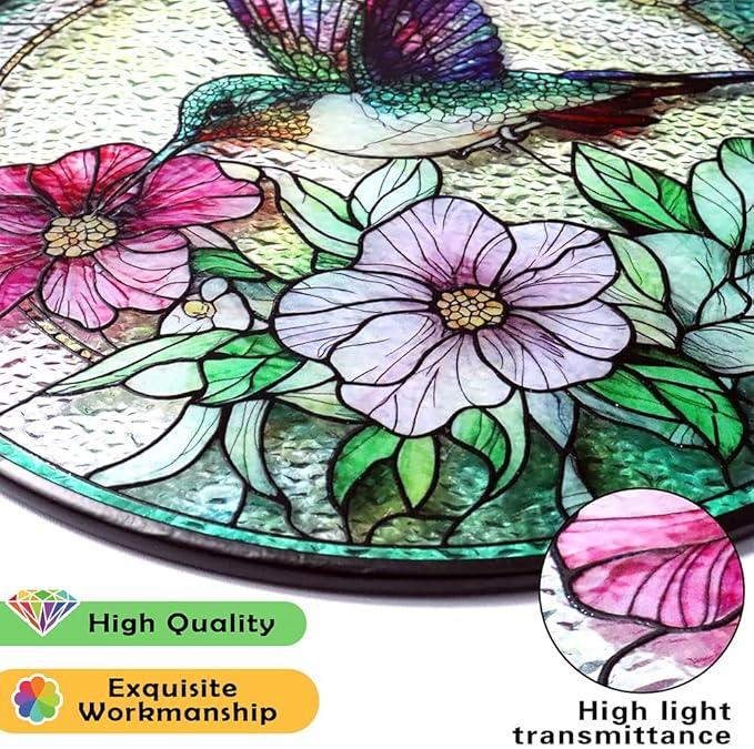Hummingbird Suncatcher with Floral Nectar Design, Stained Glass Suncatcher - Stained Glass Window Hanging for Nature Lovers, Unique Gift for Bird Enthusiasts, Indoor/Outdoor Garden or Home Decoration